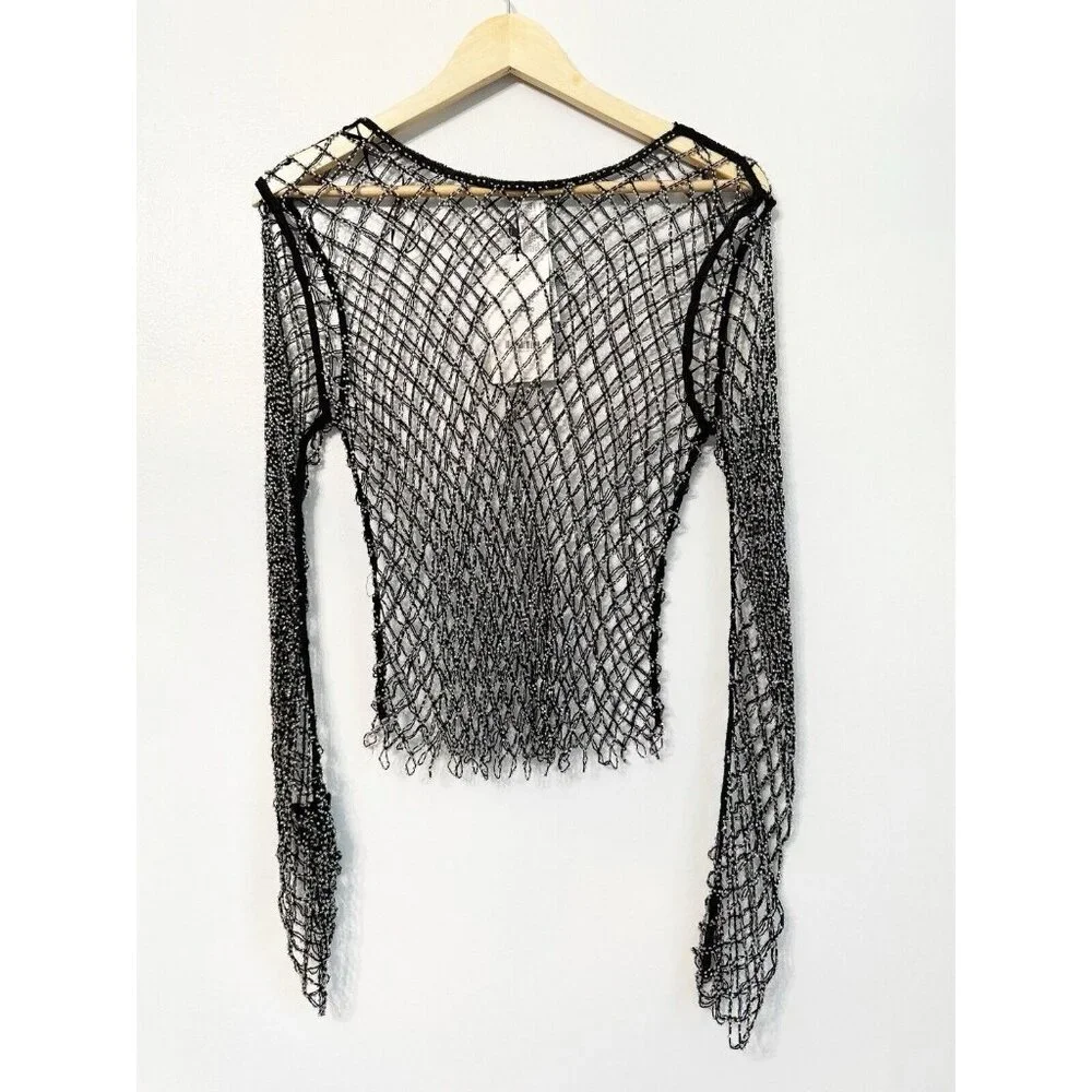 Zara Women’s XS Black Beaded Mesh Fishnet Top Alternative Goth Glam Festival